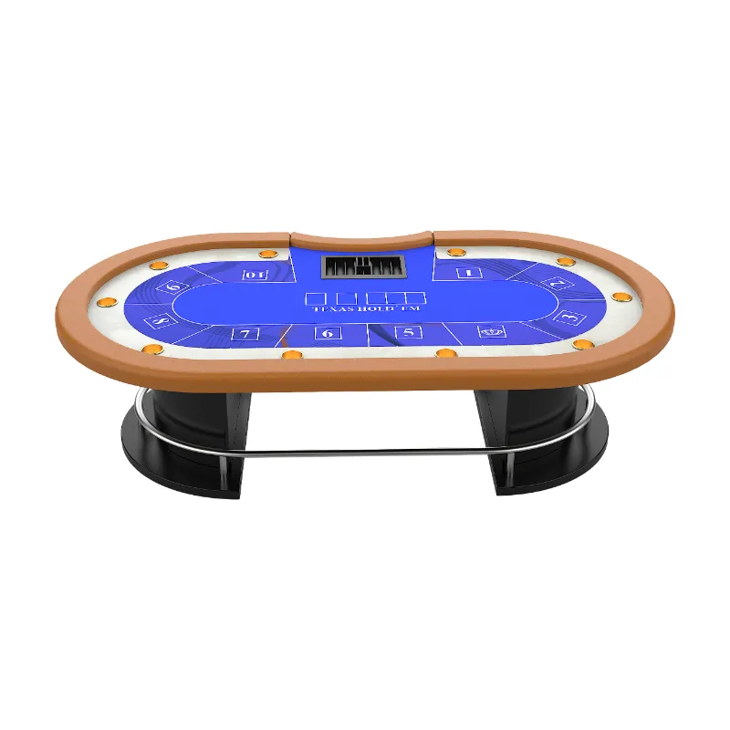 Customizable Oval 10 Person Texas Holdem Table With Semicircular Metal Bumper