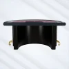 Luxe halfronde blackjacktafel met paars vilt, verzekering betaalt uit tot 21, dealerregels: trek 16, pas op 17, gouden rand, dealer gooit weg.