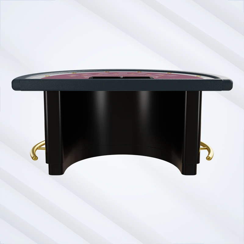 Luxe halfronde blackjacktafel met paars vilt, verzekering betaalt uit tot 21, dealerregels: trek 16, pas op 17, gouden rand, dealer gooit weg.