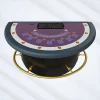 Professionele casino blackjacktafel, halfrond, paars, dealerschoen, gleuf, gouden beensteun, voldoet aan internationale normen.