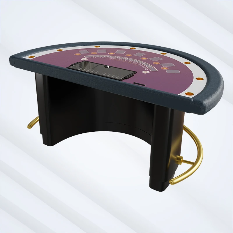 Standaard internationale blackjack dealertafel, halfrond paars vilt, verzekering betaalt 2 tegen 1, gouden pootsteun, gebogen voet