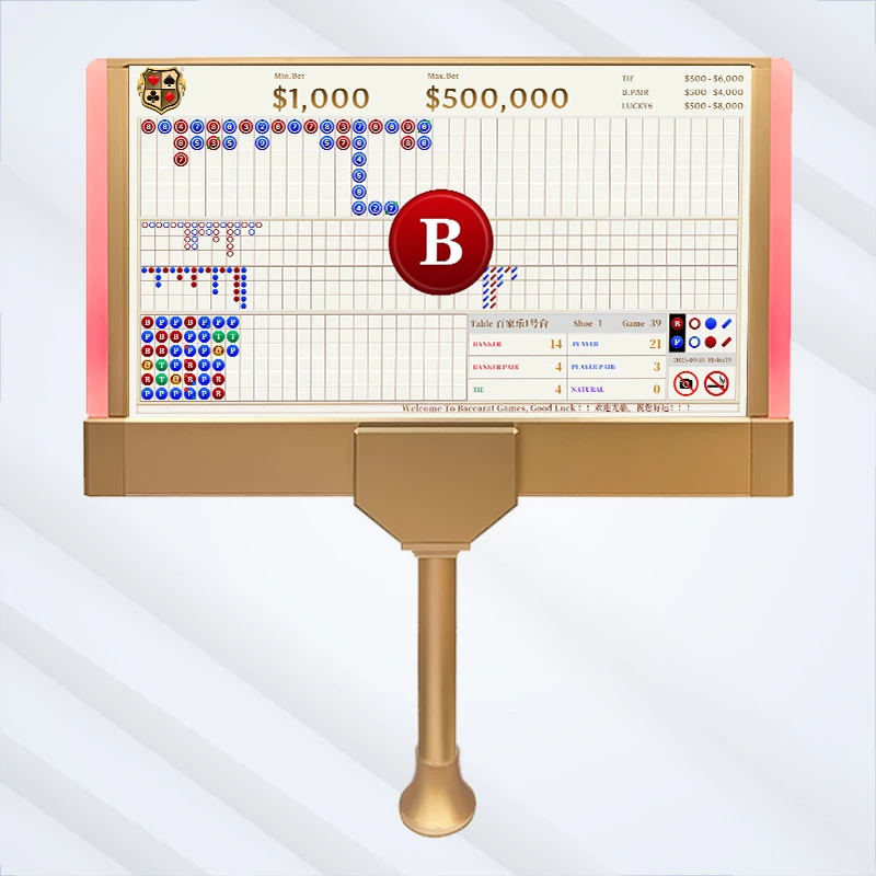 Tableau de score de baccarat double face de 68,5 cm (27 pouces), éclairage dynamique des bords, bandes RGB, grand œil de cafard, message de bienvenue, or et bronze