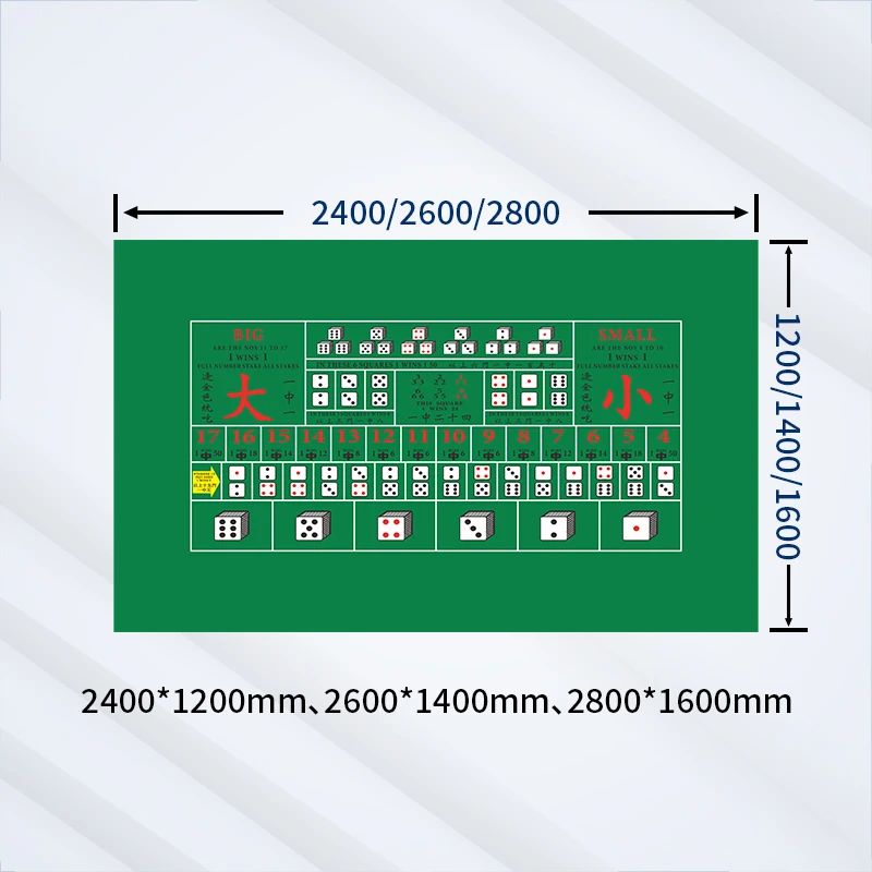 Plan de table de Sic Bo de casino en vert, dimensions standard de 2400 x 1200 mm à 2800 x 1600 mm