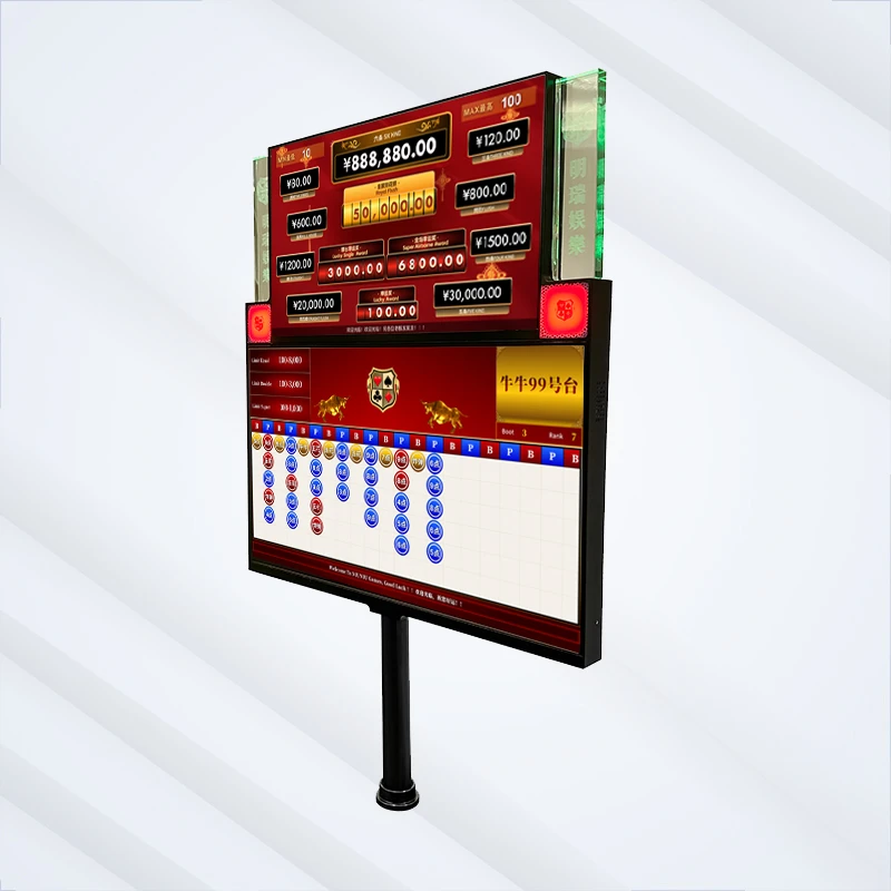 Affichage du jackpot du baccarat sur un double écran : écran rouge double face, mise maximale de 888 880 ¥, bandes LED vertes, cadre doré.