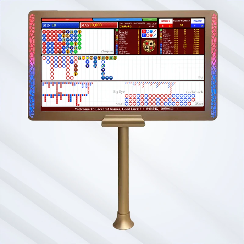 Tableau de score de baccarat double face de casino, 27 pouces, éclairage dynamique RGB sur les bords, grand cafard aux yeux ouverts, message de bienvenue et de bonne chance