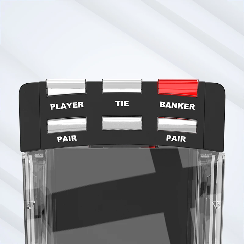 Electronic baccarat dealing shoe showing BANKER win with red LED indicator