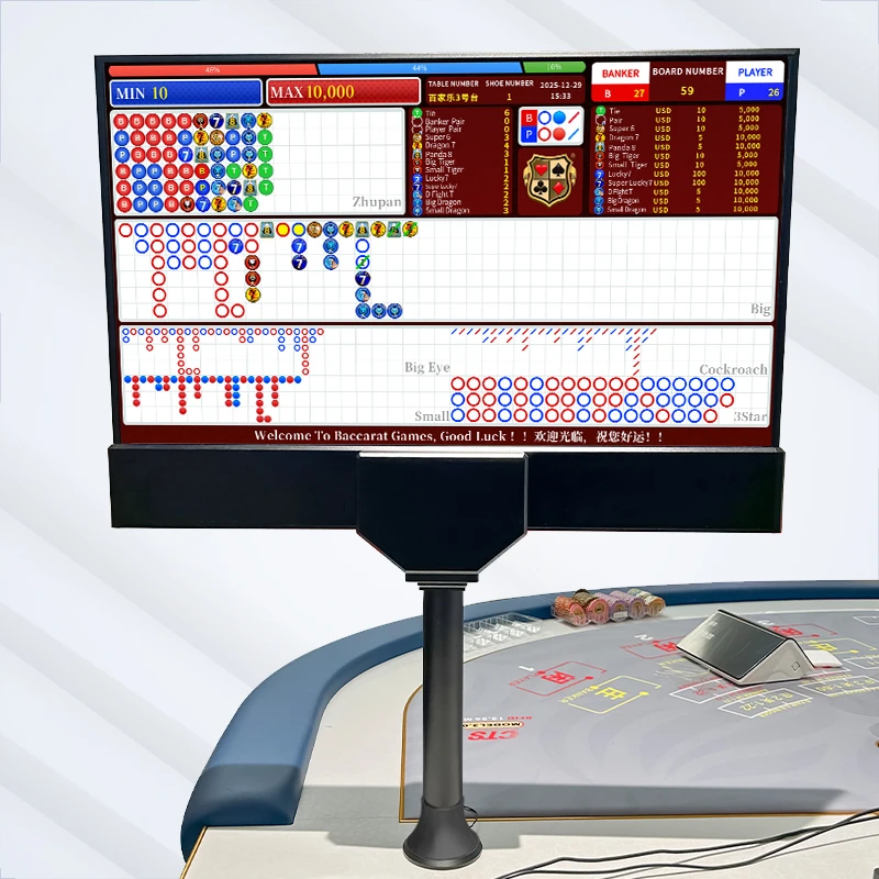 Electronic baccarat scoreboard black stand big road patterns banker player stats welcome good luck message