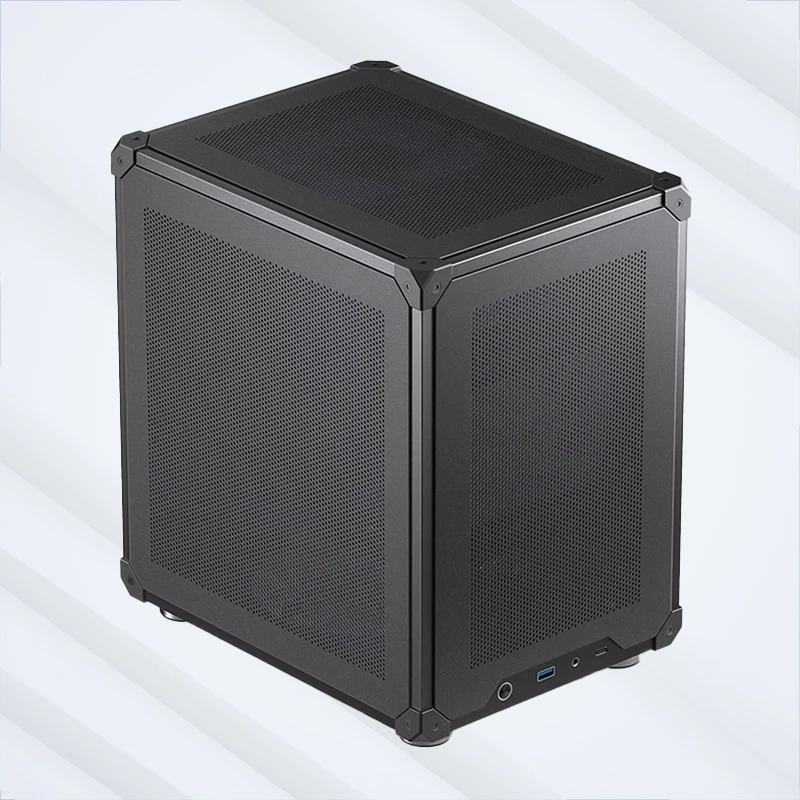 Industrial server computer tower front view with USB and audio ports for cage management system