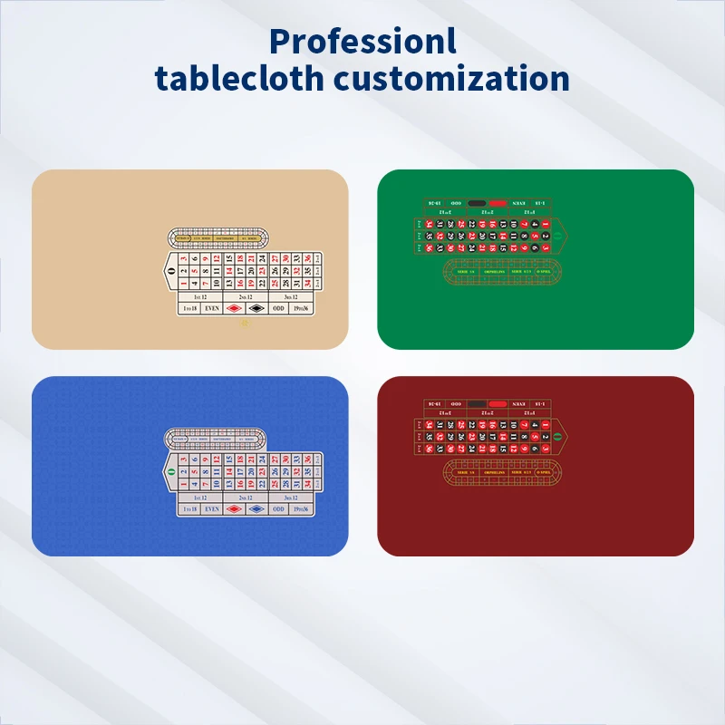 Luxuriöses europäisches Roulette-Layout in Casino-Qualität mit Filzbezug in den Sonderfarben Beige, Grün, Blau und Rot und authentischen Wettzonen