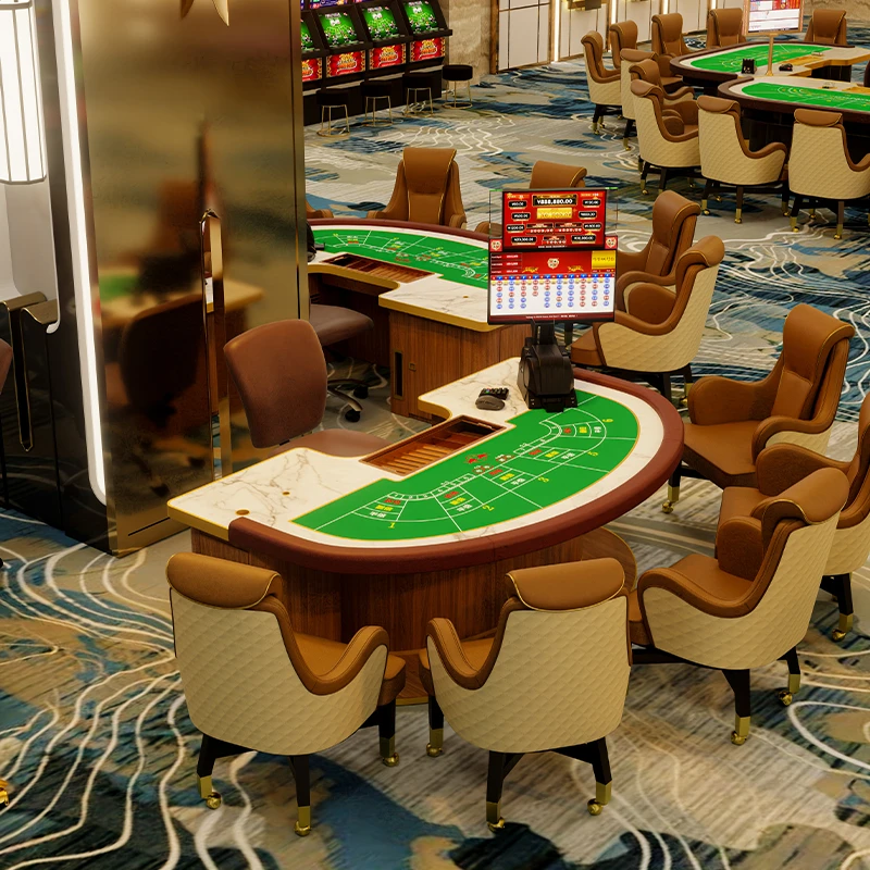 Luxury casino interior featuring professional green Niu Niu (Bull Bull) table with chairs and high roller gaming setup