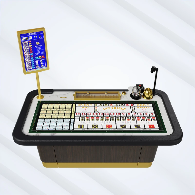 Luxe elektronische Sic Bo-spelapparatuur met een marmerachtig oppervlak, gouden accenten, een dobbelbel en een digitaal display voor de uitbetalingsresultaten.