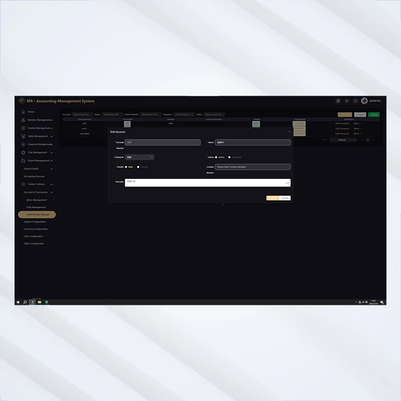 MR Accounting Management System account configuration panel with account ID, name, character type, status toggle, contact info, and remark fields for cage operator setup
