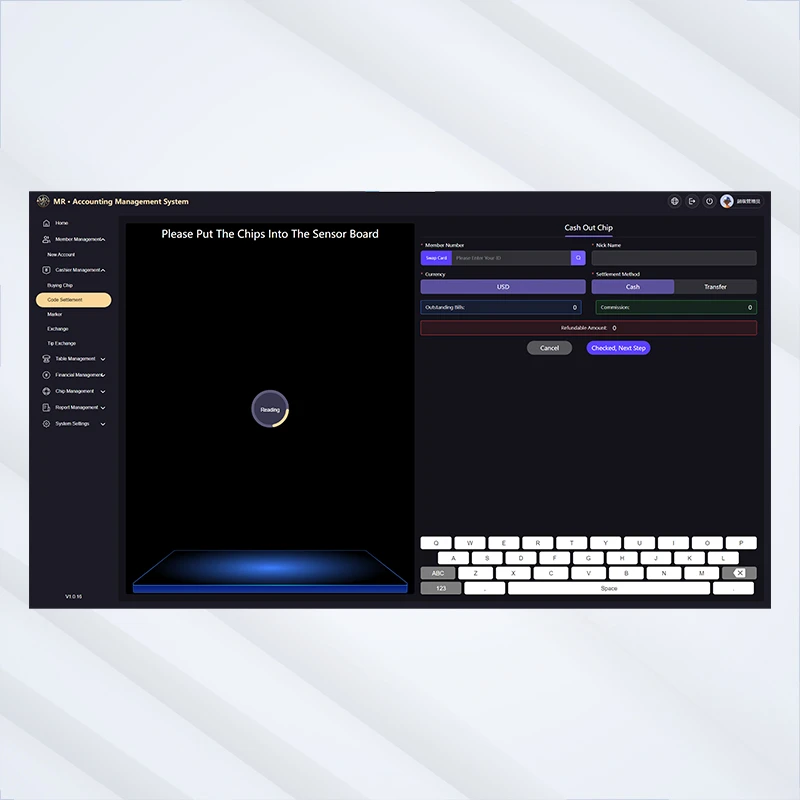MR Accounting Management System cash out chip interface with member name input, currency selection, settlement method options, outstanding bills tracking, and redemption amount display