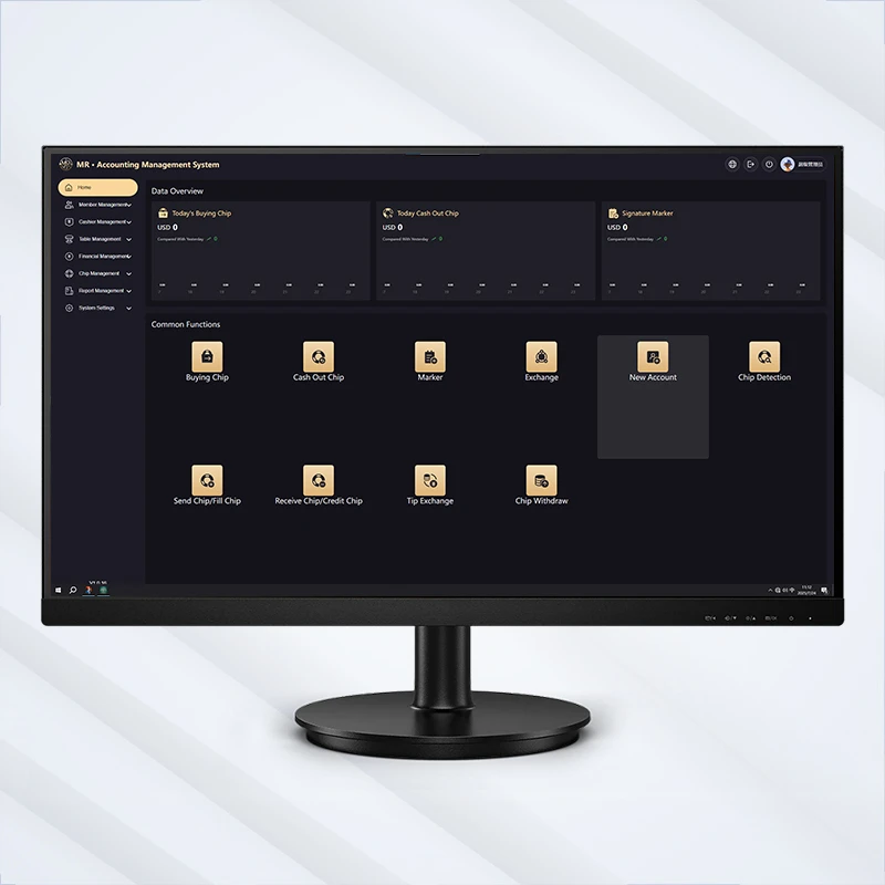 MR Accounting Management System dashboard showing cage operations including Buying Chip, Cash Out Chip, Marker, Exchange, and Chip Detection functions