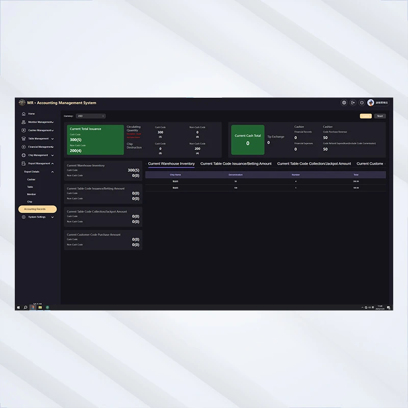 MR Accounting Management System inventory dashboard showing Current Total Issuance, Cash Total, Warehouse Inventory, Table Code issuance and collection amounts