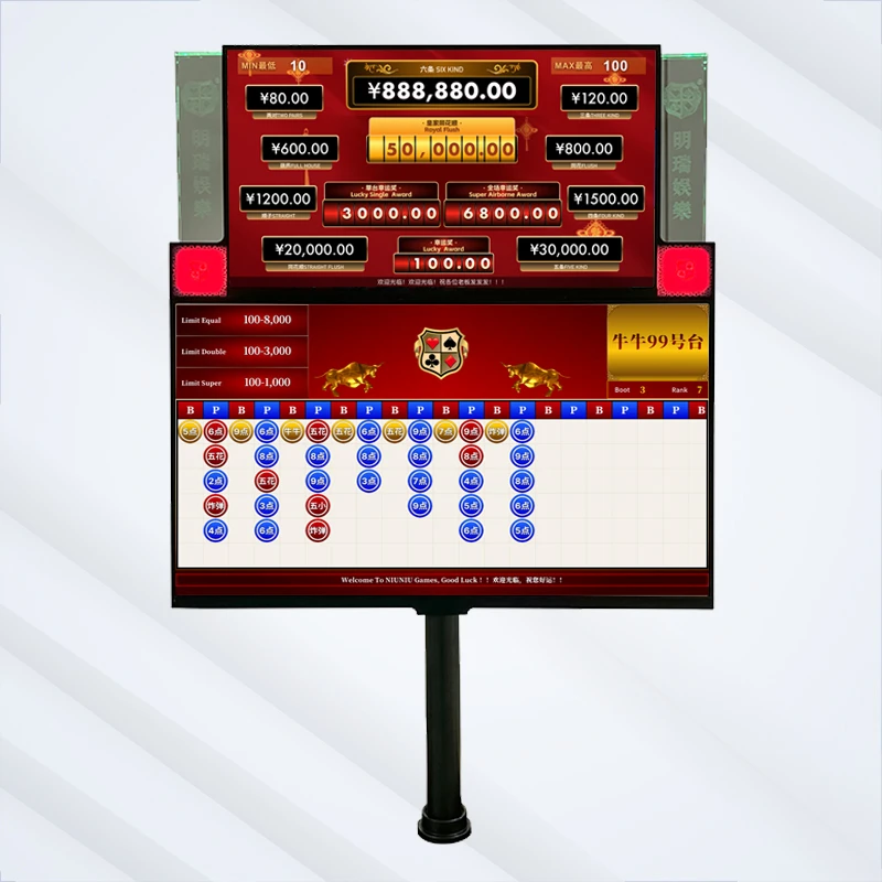 Casino multi-jeux à double écran avec jackpot, baccarat, niu niu san gon, dragon, tigre, bandes LED vertes, socles dorés, grande route