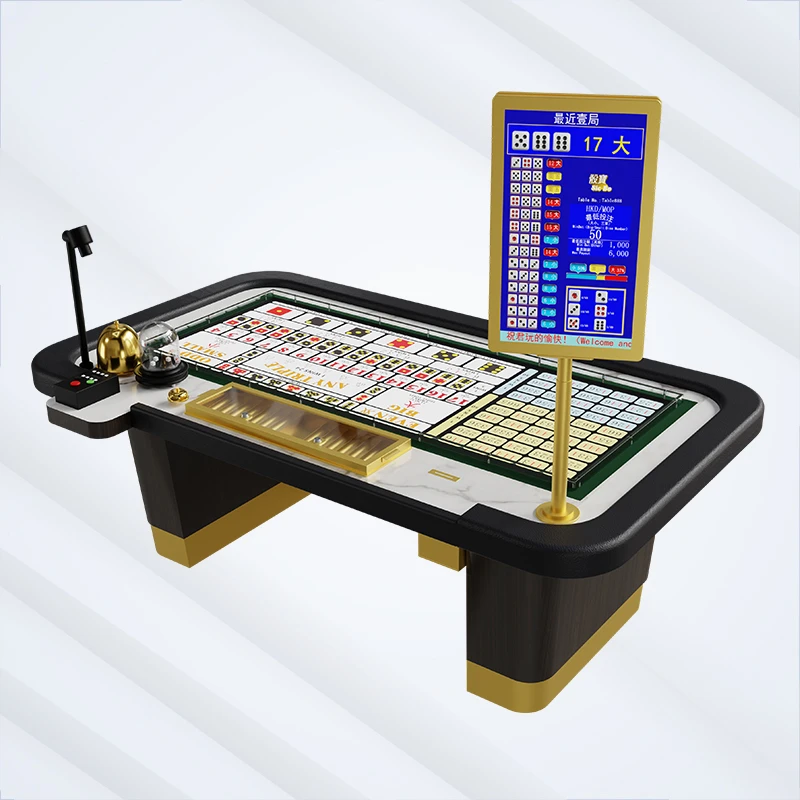 Hoogwaardige Sic Bo casinotafelset met houten afwerking, gouden onderstel en elektronisch scorebord, ideaal voor professionele speelzalen.