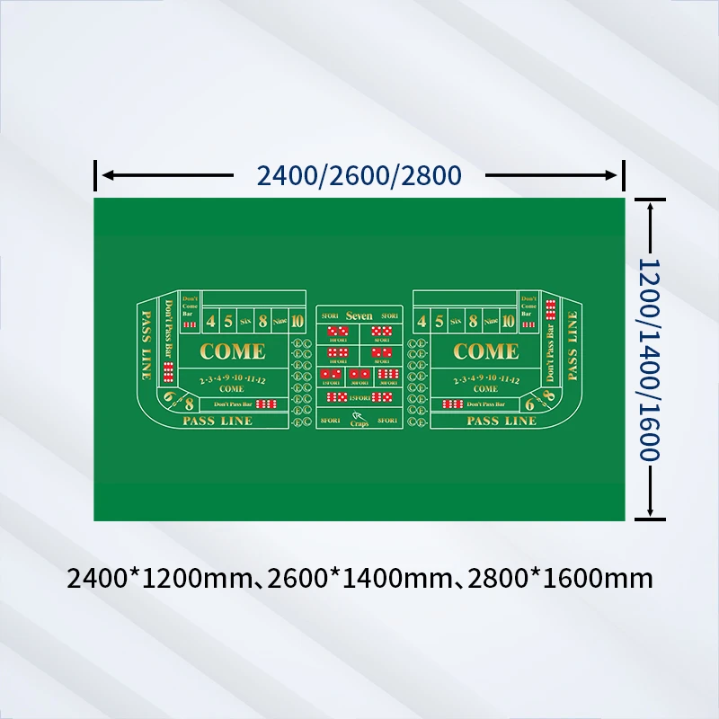 Tapete profesional de 2400x1200 mm para mesa de dados de casino en color verde clásico, con líneas de pase, apuestas Come y proposiciones, al estilo de Las Vegas.