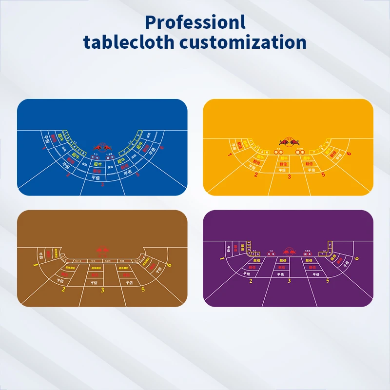 Personalización de manteles para mesas de casino profesionales Niu Niu en colores azul, amarillo, marrón y morado, con zonas de apuestas y pagos.