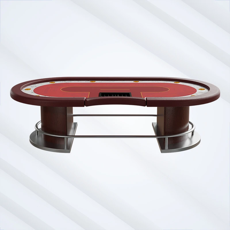 Professional casino Texas Holdem poker table red felt oval shape stainless steel frame curved armrest dealer tray