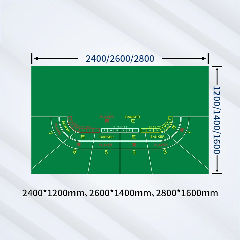 Professionele baccarattafel met groen speelkleed, precieze afmetingen van 2400x1200 mm tot 2800x1600 mm, inclusief aparte speel- en bankierzones.