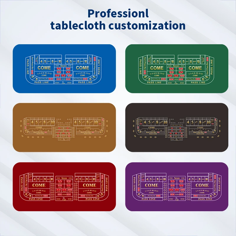 Tapete profesional para mesa de dados de casino, personalizable en azul, verde, marrón, negro, rojo y morado, con el diseño completo de apuestas de Las Vegas.