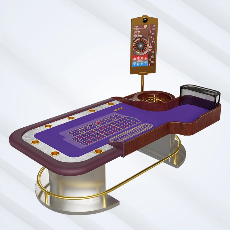 Professional casino roulette station – purple layout, high-limit betting zones, gold pedestal & deluxe wooden construction