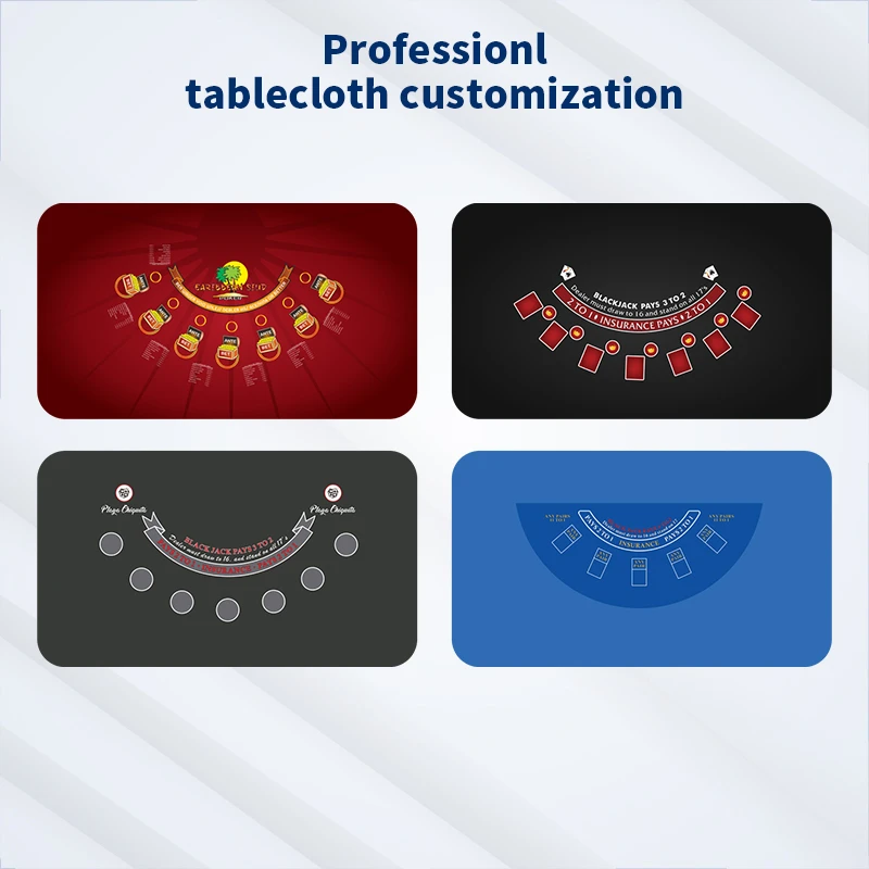 Ejemplos de diseños profesionales de mesas de blackjack personalizadas en rojo, negro, gris y azul con puntos de apuesta y pagos estándar para uso en casinos.