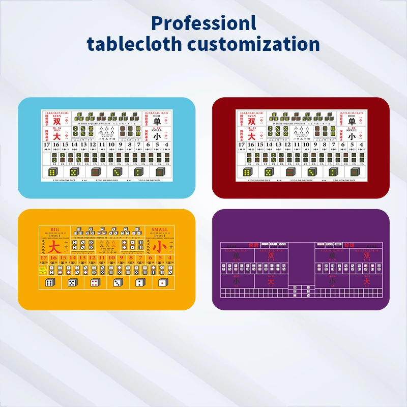 Personalización profesional de manteles con diseños Sic Bo en azul, verde, marrón y morado.