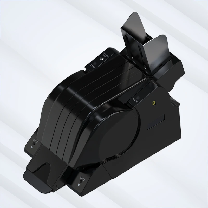 Barajadora de cartas Black Snail, máquina de barajado continuo para casino con bandejas de entrada y salida de cartas.