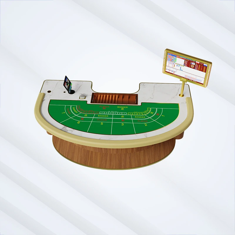 Custom casino baccarat table green felt layout with multiple BANKER PLAYER TIE betting zones solid wood base