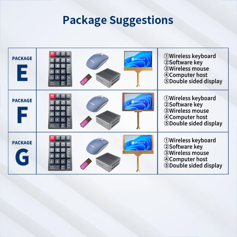 Suggestions de configuration pour système d'affichage électronique horizontal EC11 Sic Bo : écran double face EFG, clavier et souris sans fil, ordinateur hôte.