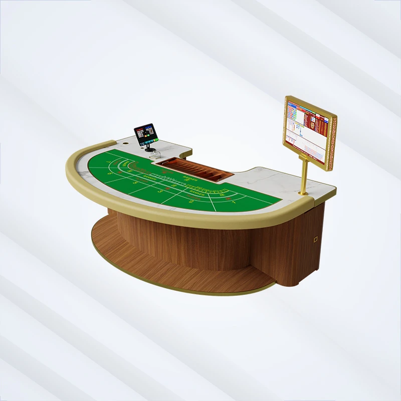 Luxuriöser, geschwungener Baccarat-Pokertisch aus Massivholz mit Marmorplatte, grünem Filz, Banker-Layout, goldenem Ständer und digitaler Anzeigetafel