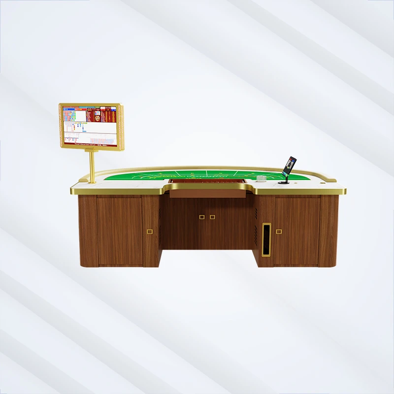 Professioneller L-förmiger Casino-Baccarat-Dealer-Tisch aus Massivholz mit grünem Filz, Digitalanzeige und goldenen Akzenten