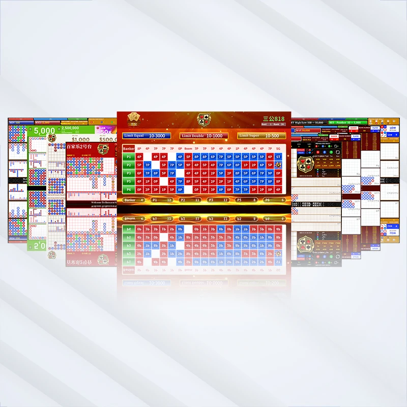 Paquete de software completo San Gong Road Map System que muestra Big Road, Small Road, Cockroach Road y varios diseños de mesas de casino para Three Card Baccarat.