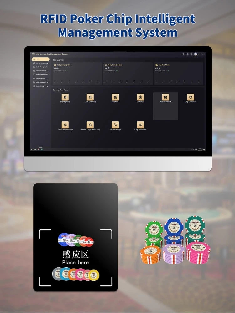 Tableau de bord du système de gestion des puces RFID de casino avec aperçu des données et station de détection des puces