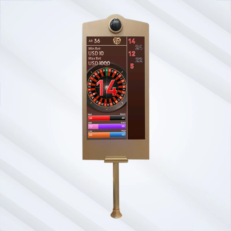 Roulette de casino avec affichage double face 27 pouces du numéro gagnant 14 en temps réel, caméra intégrée, bandes LED colorées et cadre doré.