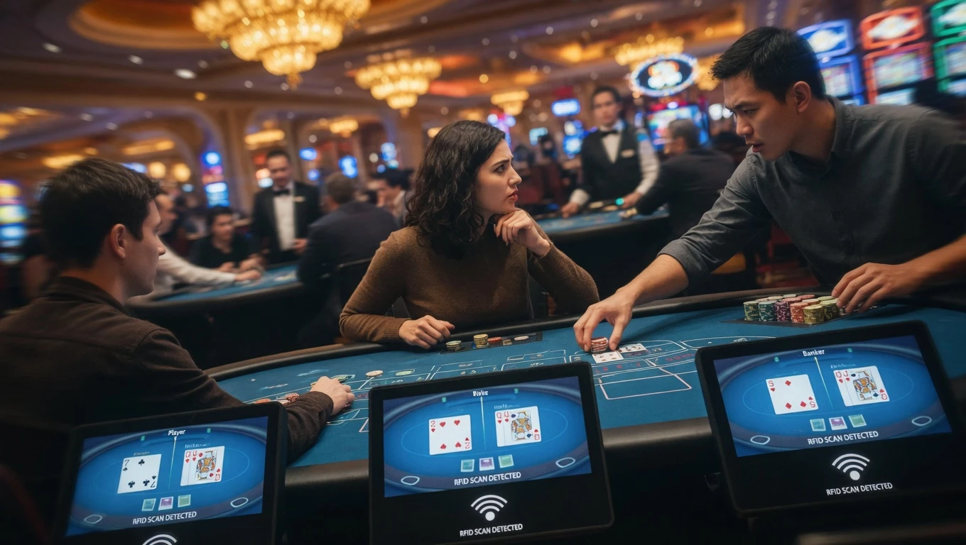 Players at RFID smart Baccarat table in busy Macau casino pit with real-time digital monitors and RFID scanning