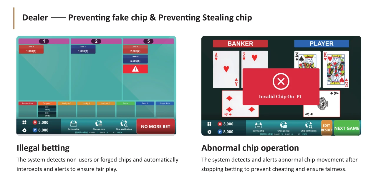 Dealer interface showing fake chip detection and abnormal chip operation alerts
