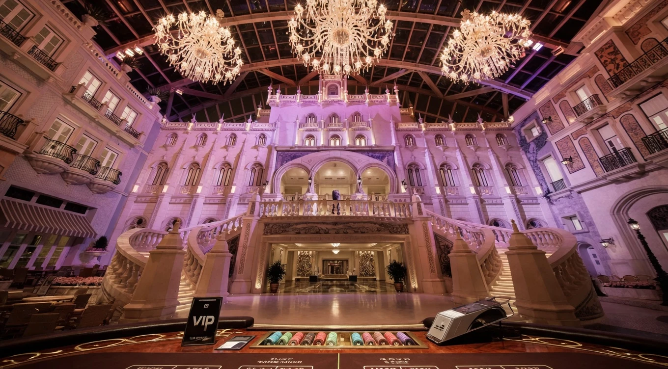 Luxurious Macau VIP casino hall with baccarat tables, showing table spacing and pit layout