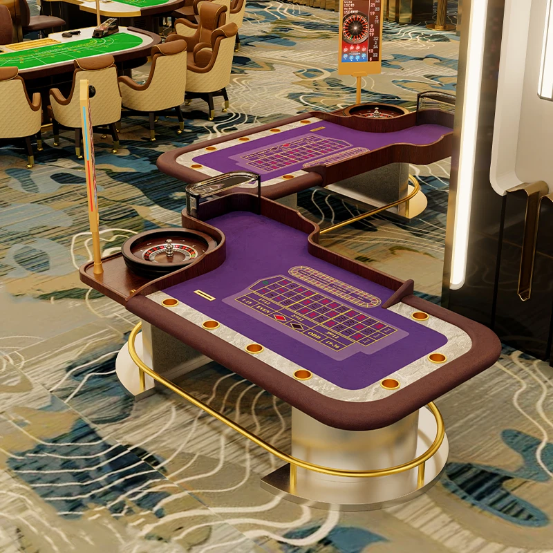 Professional casino roulette table layout with purple felt in luxury resort