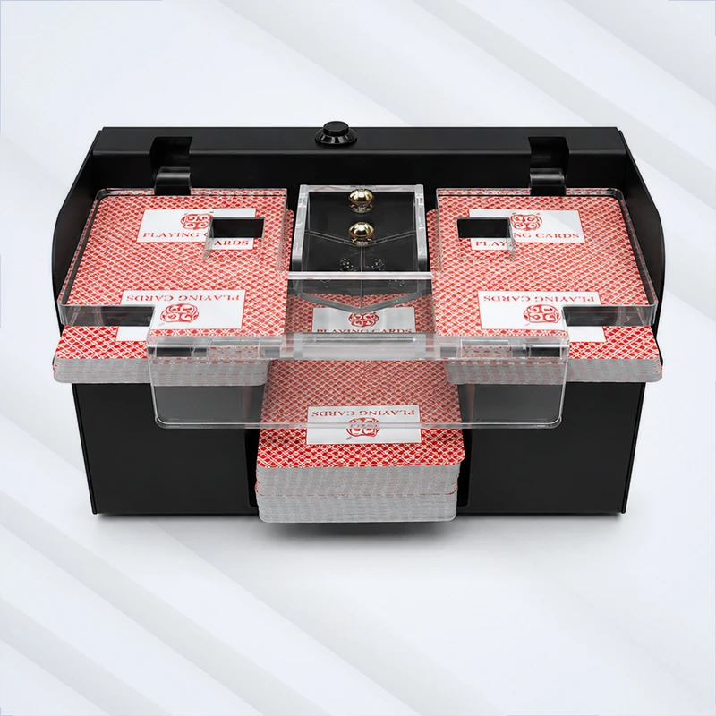 CS07 card shuffler dual input trays for left and right deck insertion