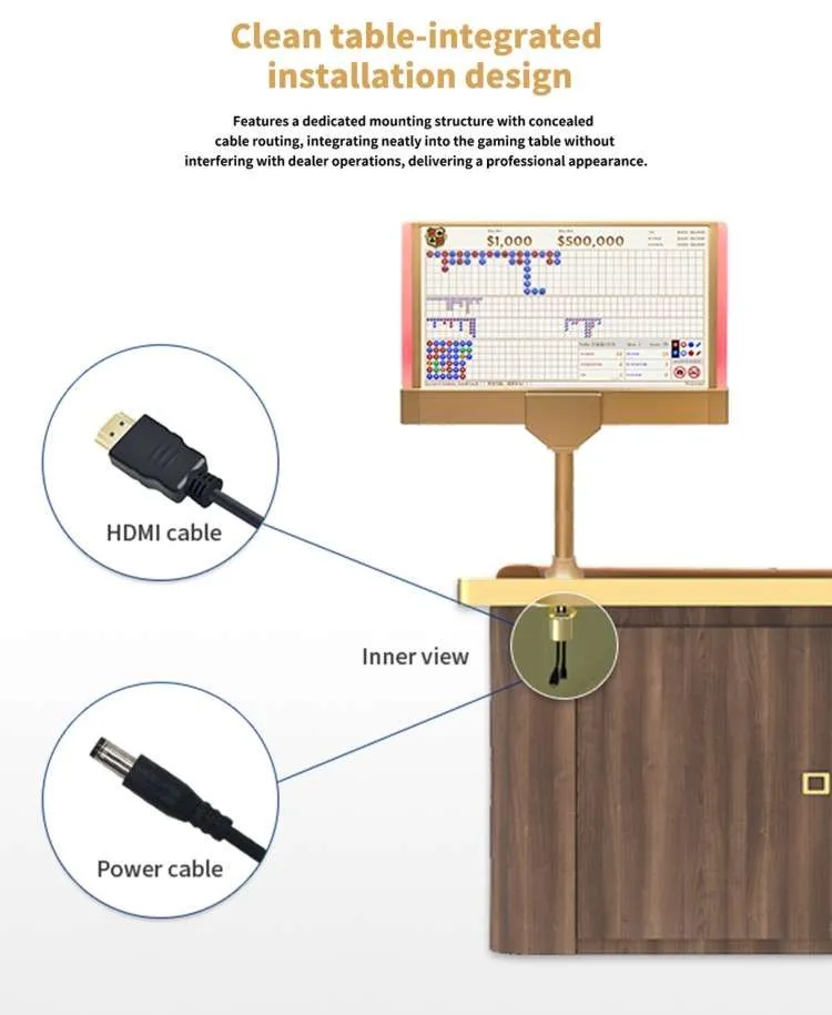 DY-LED08 concealed table mounting with HDMI and power cables routed inside the table