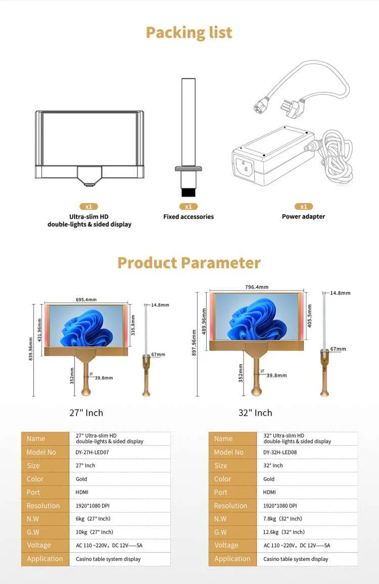 DY-LED08 packing list and product parameters for the 27 and 32 inch versions