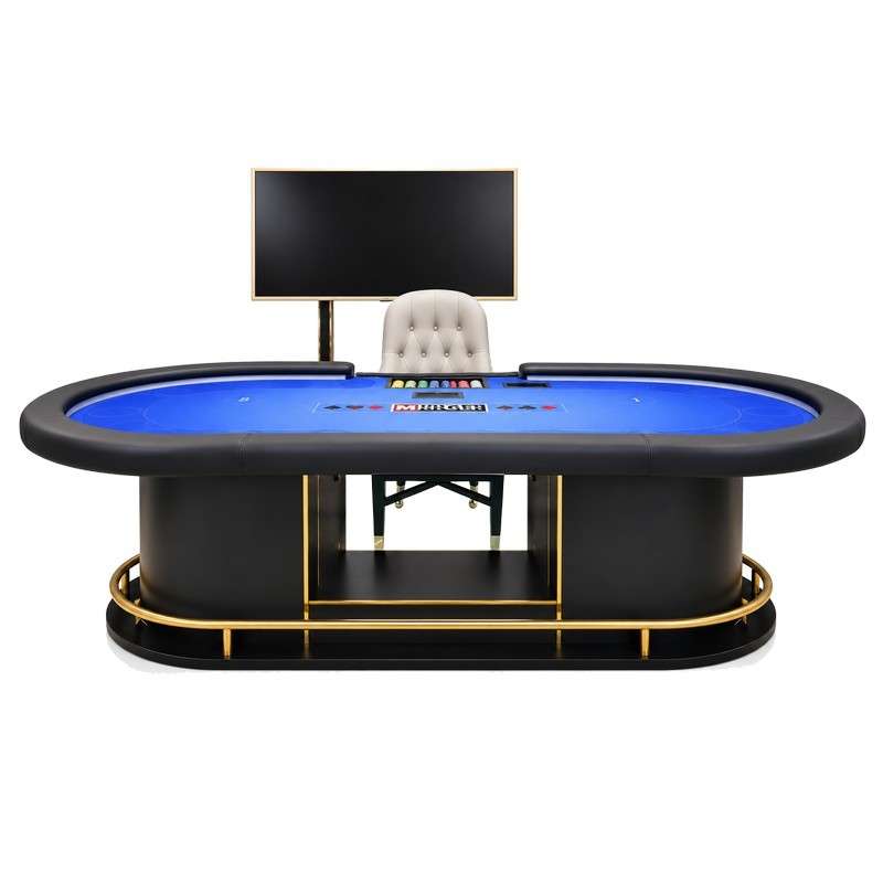 RFID Texas Hold'em poker table set up as a dealer station with an overhead display and padded dealer chair