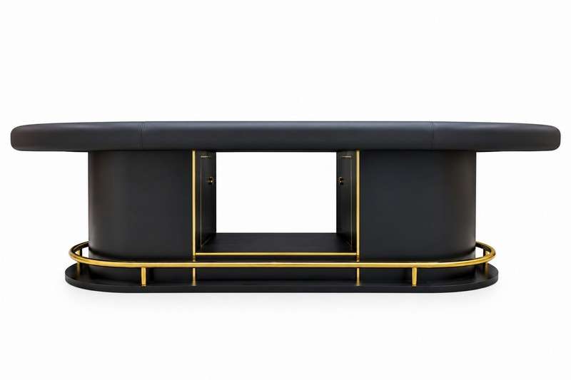 Side profile of the RFID Texas Hold'em poker table showing the twin-column pedestal and gold footrest rail
