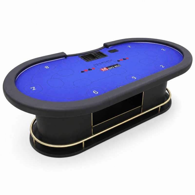RFID Texas Hold'em poker table in a three-quarter view showing the ten-seat oval layout and blue gaming felt